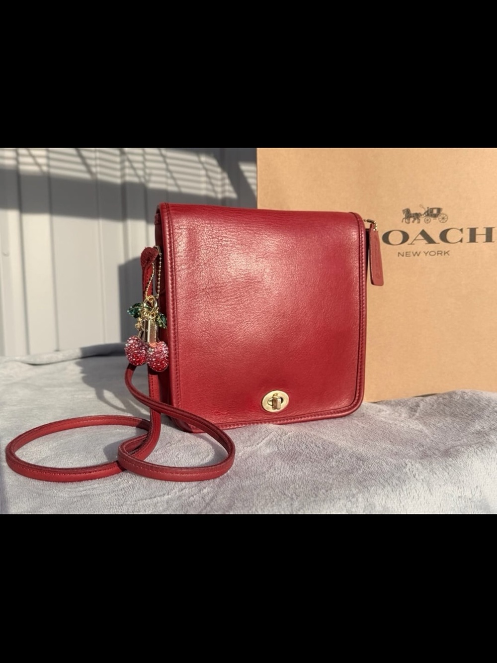 VTG Coach compact pouch Red Leather Crossbody bag with Cherry Charm Accent incl